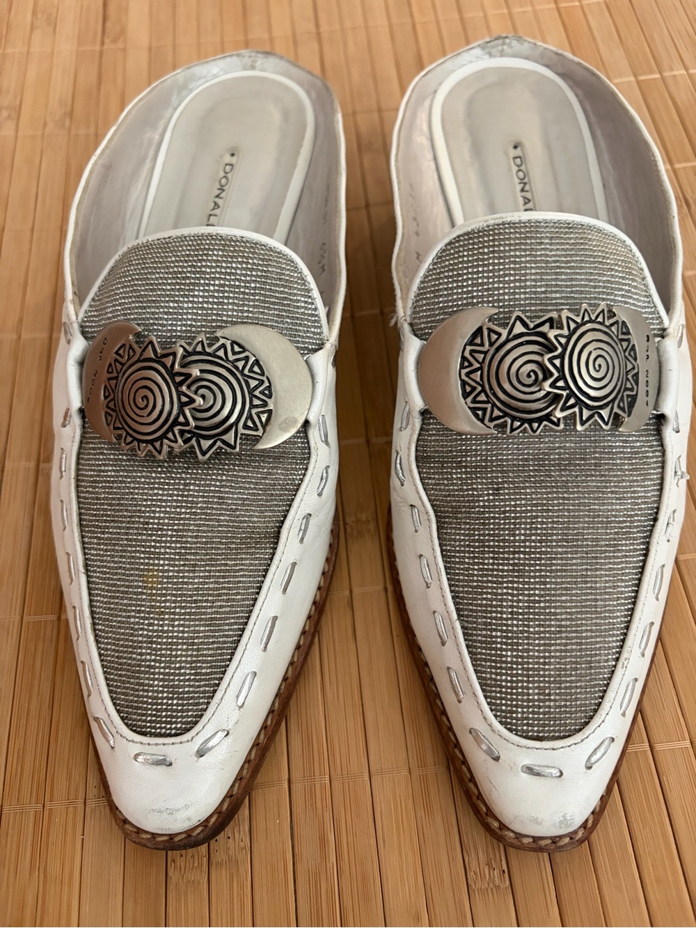 Donald J. Pliner Vintage Pearl White & Silver Mules with Decorative Medallion